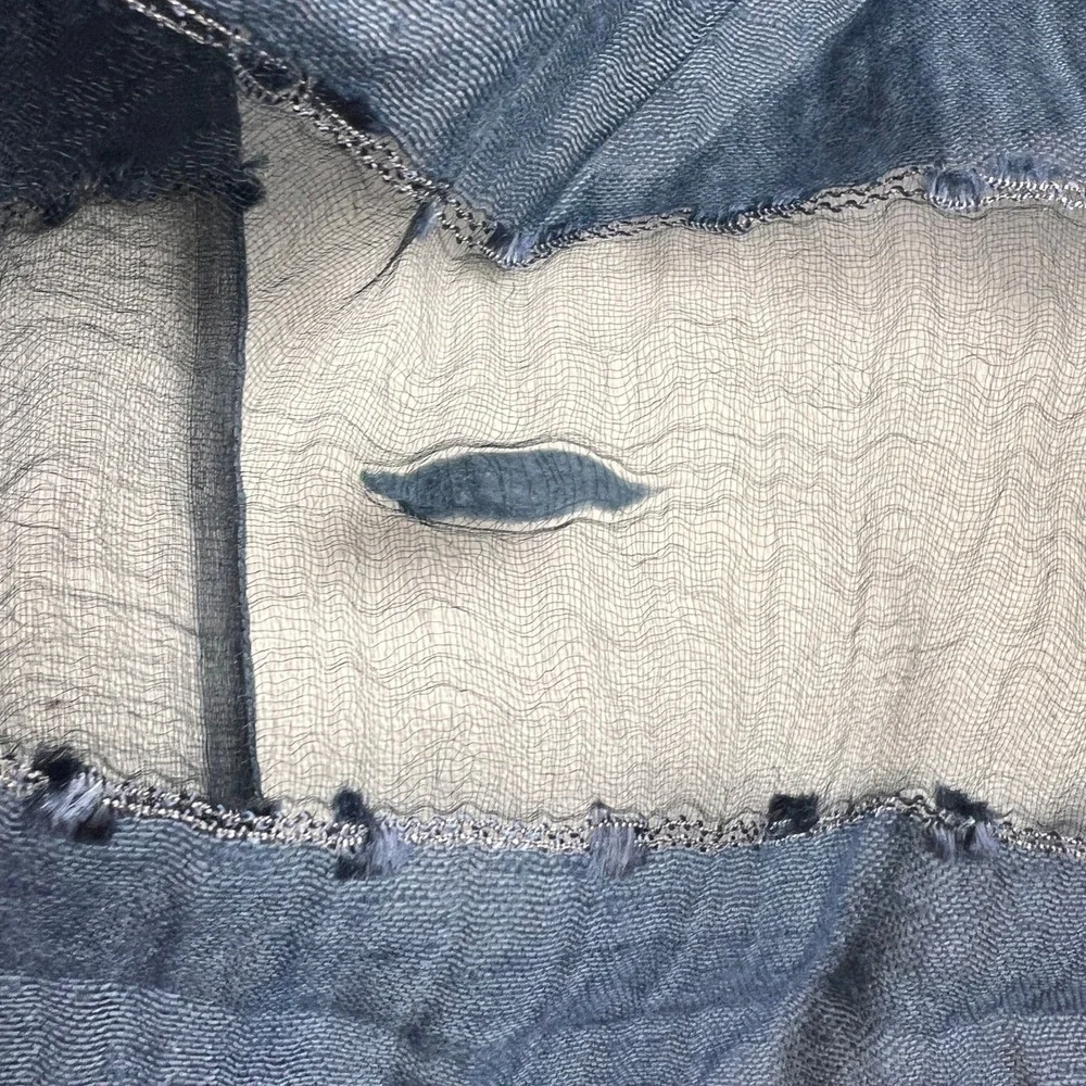 Silk Boiled Wool Sheer‎ Scarf Blue Textured Lightweight Summer Wrap Shawl Artsy